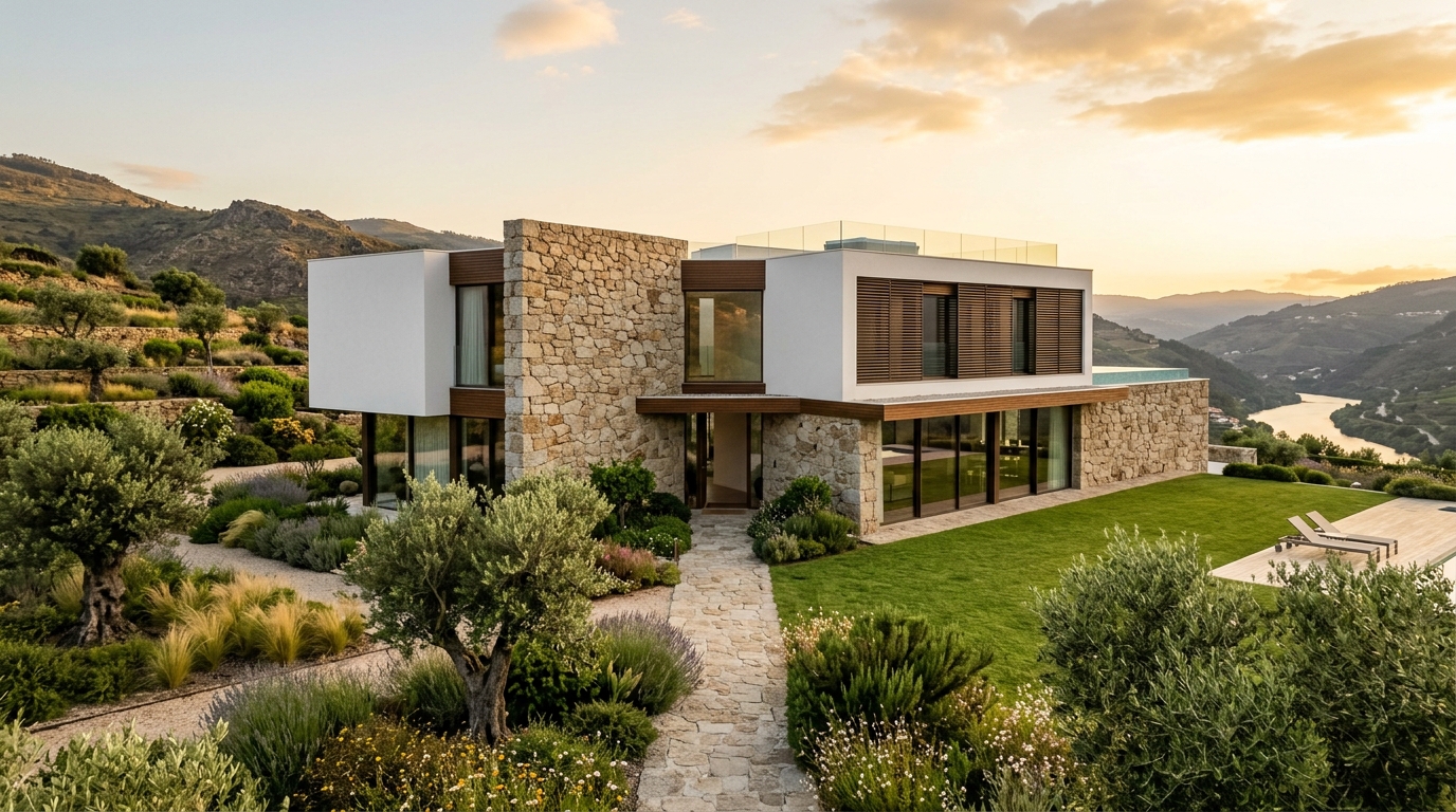 Moradia contemporânea de luxo em alvenaria e pedra granítica com amplos vãos envidraçados