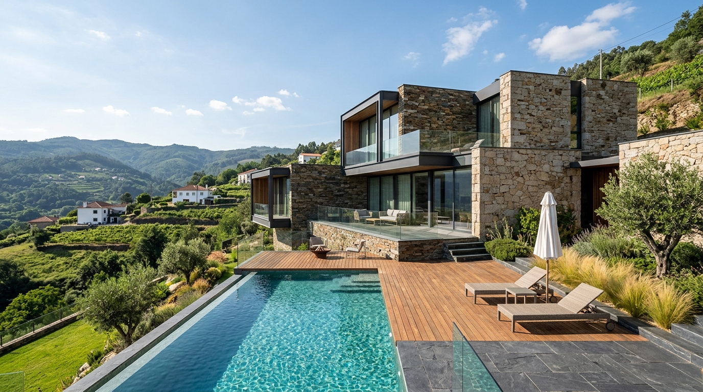 Construção contemporânea com piscina panorâmica e fachada em pedra natural sobre o vale